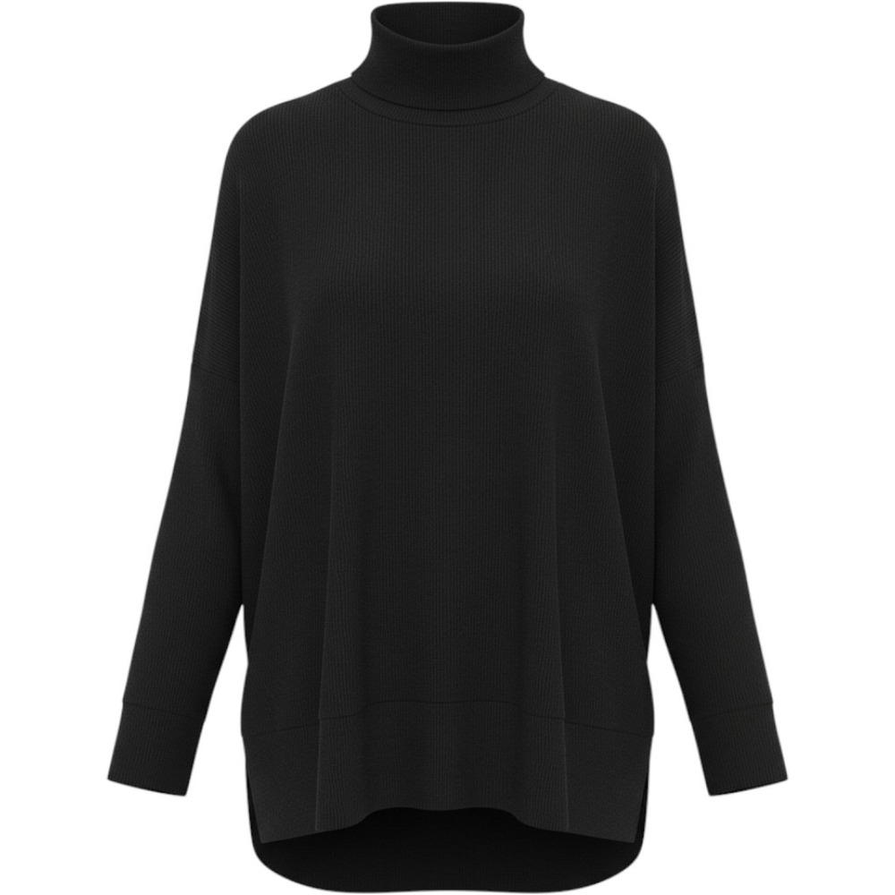 Bobi Womens Split Hem Turtleneck Top S Black Ribbed Oversized Stretch Minimalist